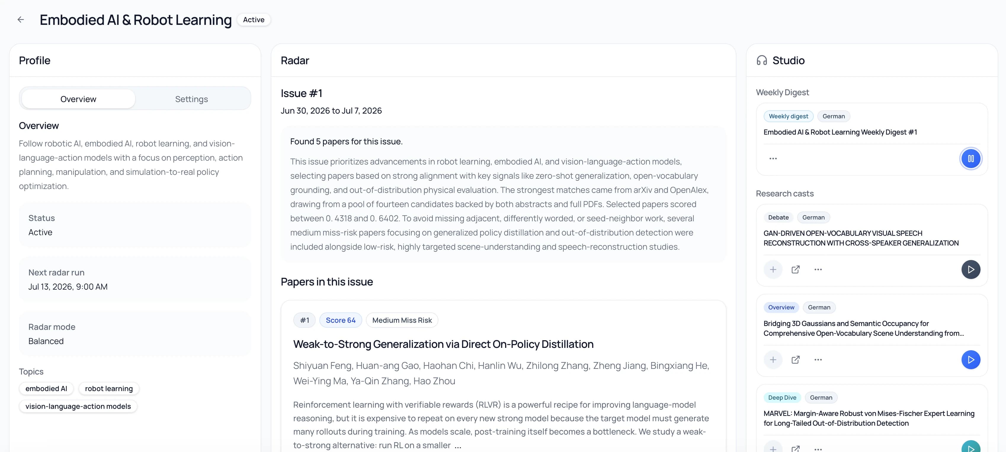 ResearchCast Embodied AI and Robot Learning profile with profile, radar, and studio panels
