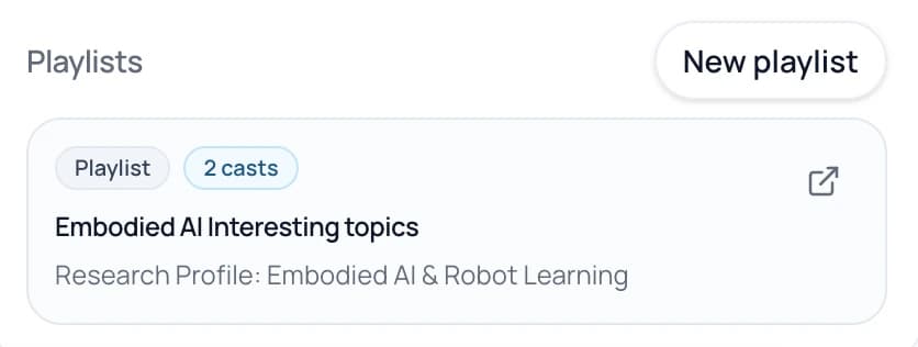 ResearchCast playlist panel with a profile playlist and new playlist control